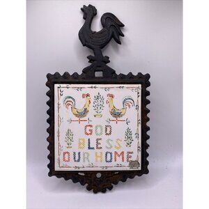 Cast Iron & Ceramic Wall Plaque With Rooster Design God Bless Our Home vintage